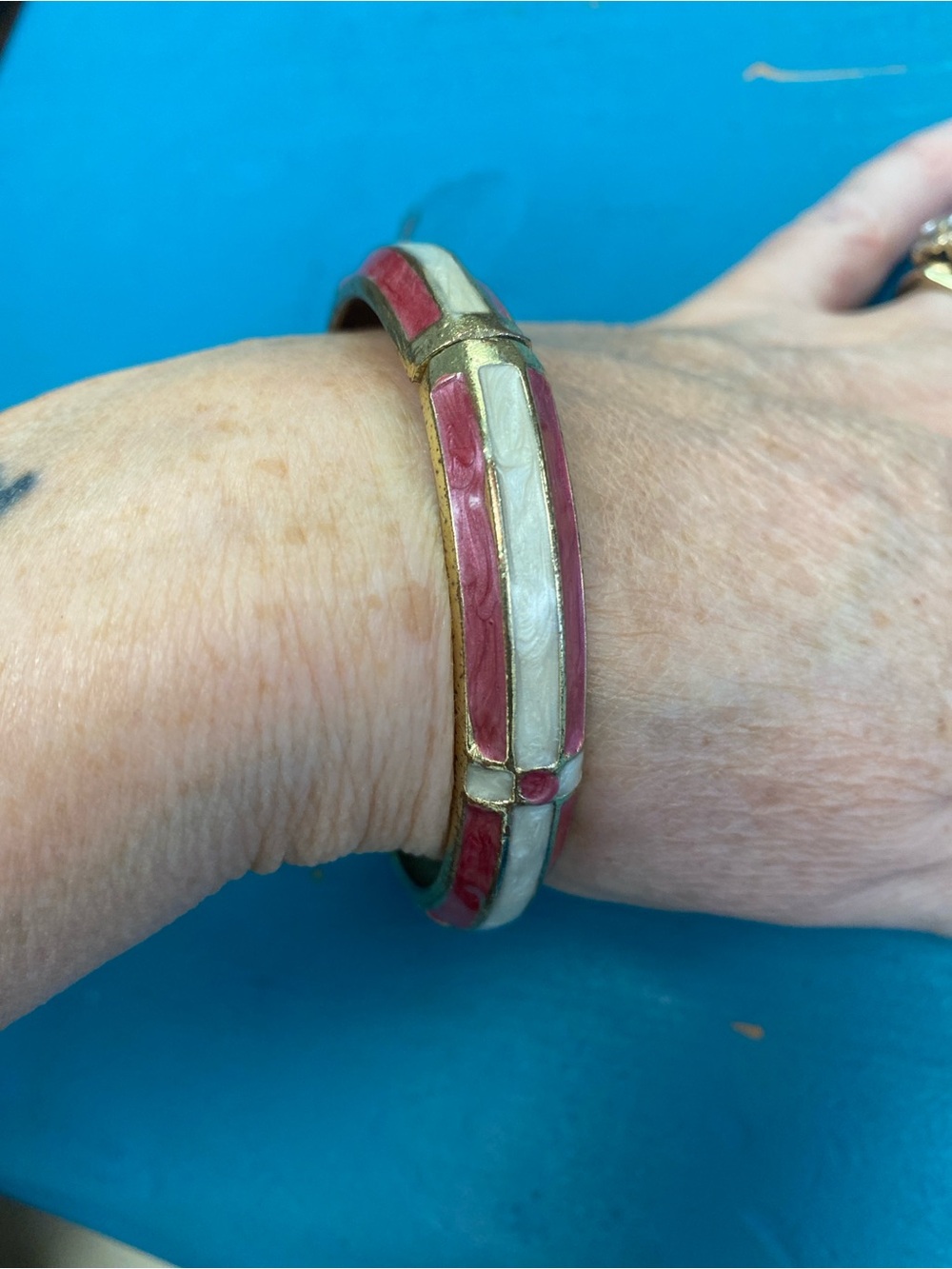 Gold-Tone Pink & Cream Enamel Bangle Bracelet